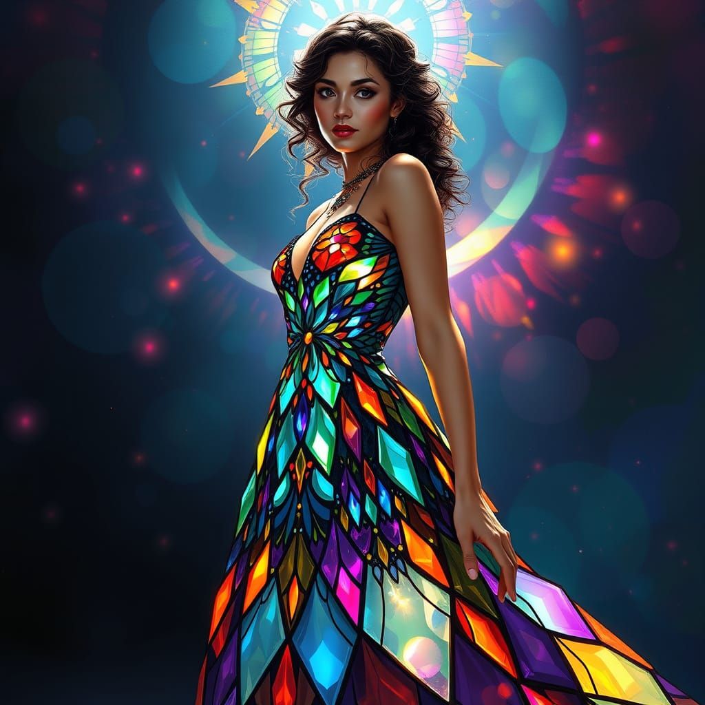 Woman in Shimmering Stained Glass Dress
