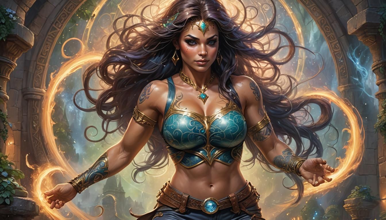 Enchantress Portrait: Tattooed Bodybuilder in Ethereal Fanta...