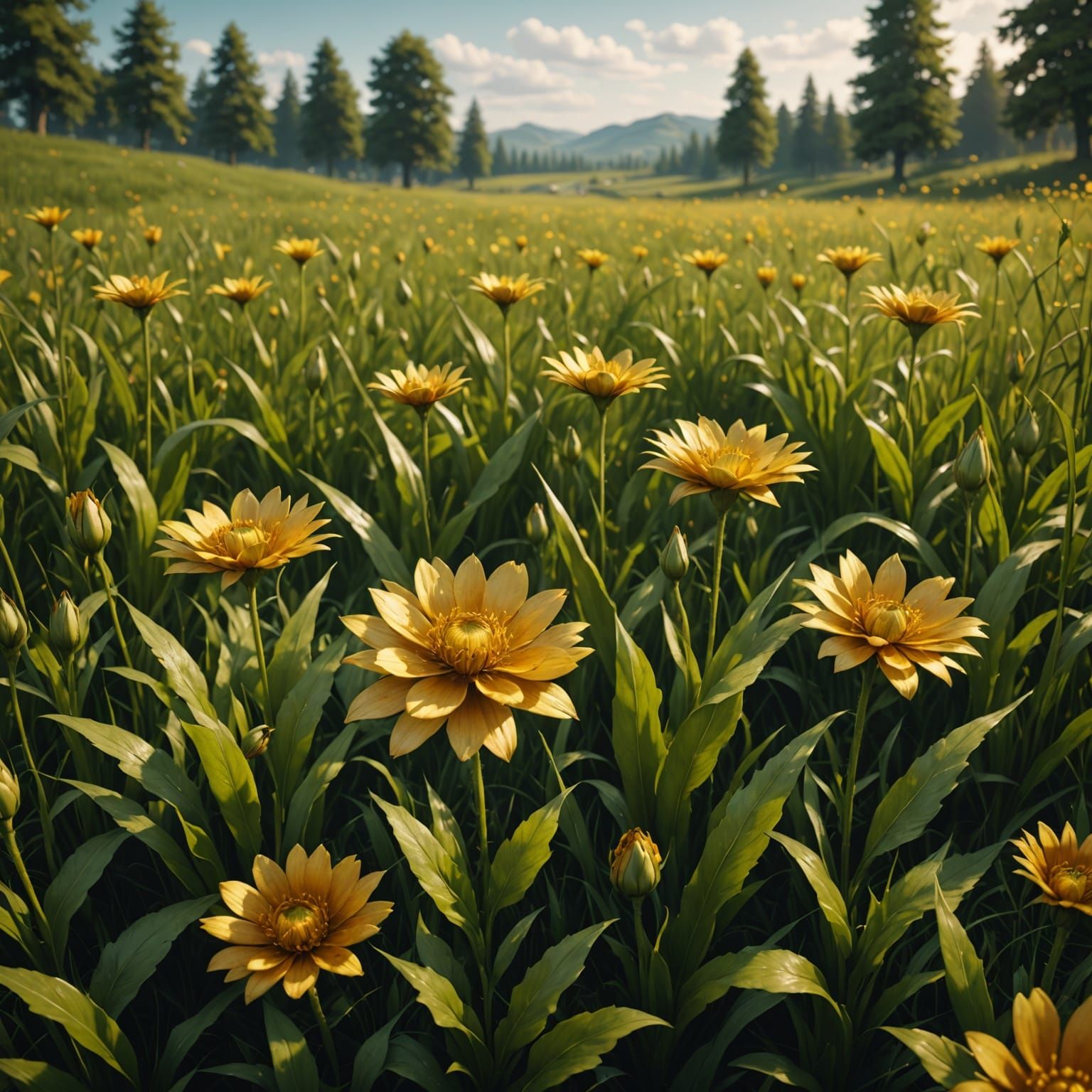 Golden Flowers in Green Grass: Fantasy Concept Art