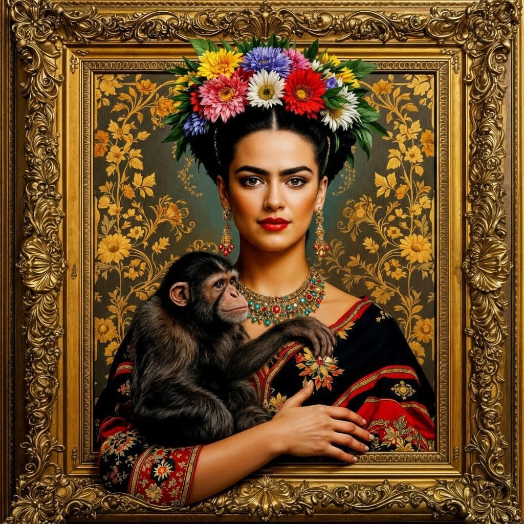 Frida Kahlo Portrait with Flowers and Monkey in Baroque Styl...