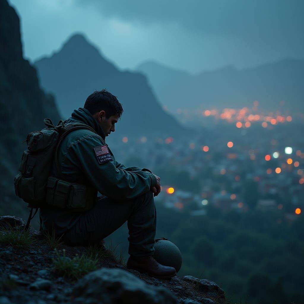 Soldier's Gaze: A Lone Figure on a Rainy Hilltop