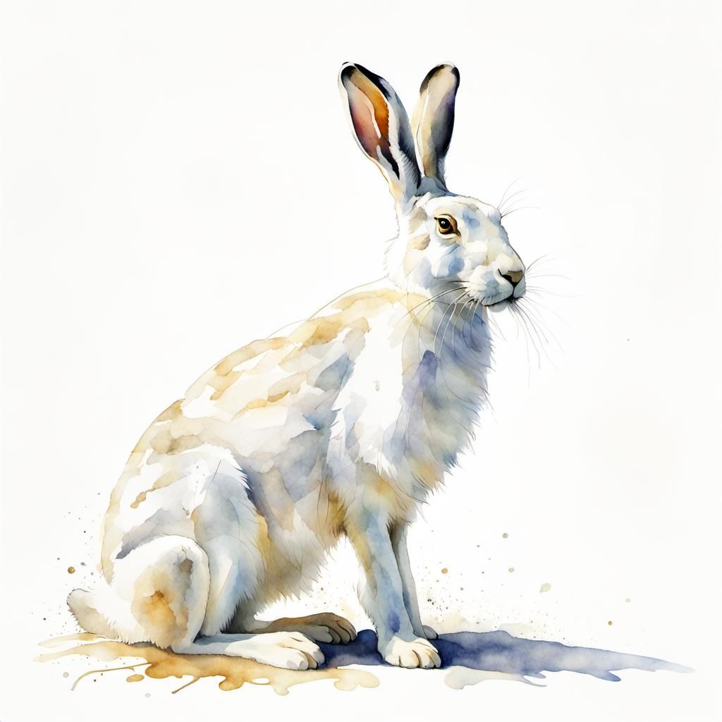 Watercolor White Hare Portrait in Robert Bateman Style