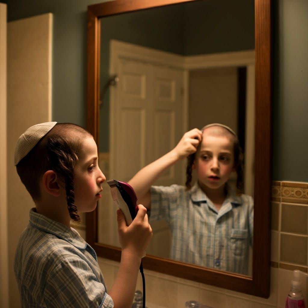 Young Hasidic Boy Shaves His Head in Bathroom