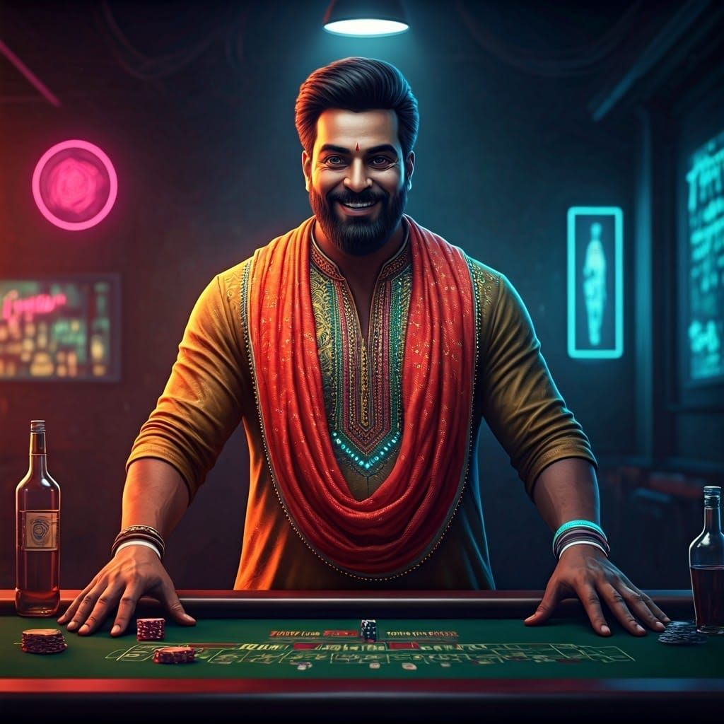 Cyberpunk Rogue Gambles in a Dystopian Bar