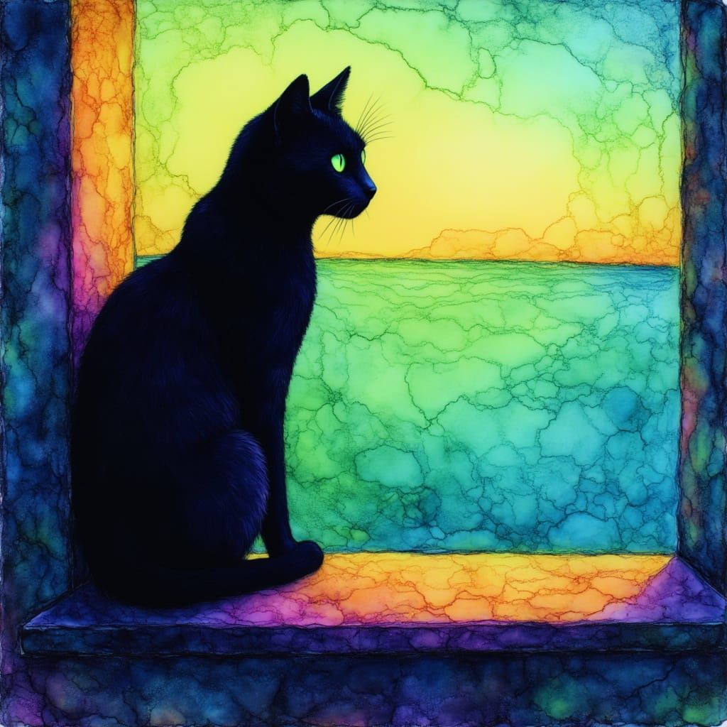 Black Cat on Windowsill Viewing Seascape in Alcohol Ink Styl...