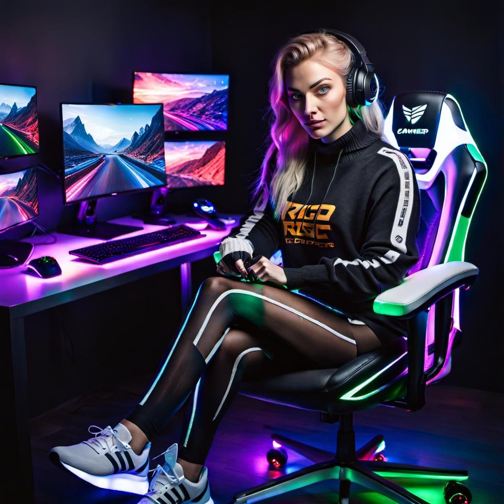 Blonde Gamer Girl in RGB Lit Gaming Room