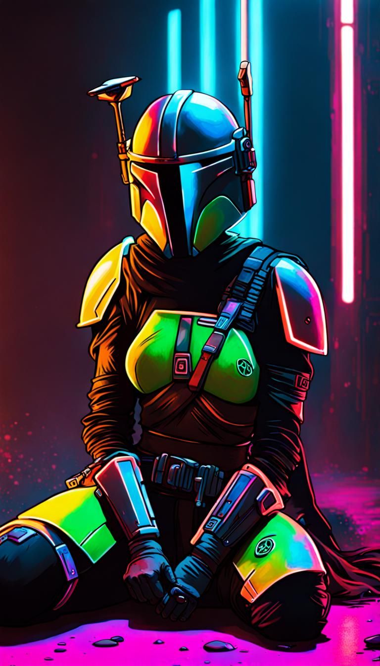 Cyberpunk Mandalorian with Ewok in Neon Cityscape