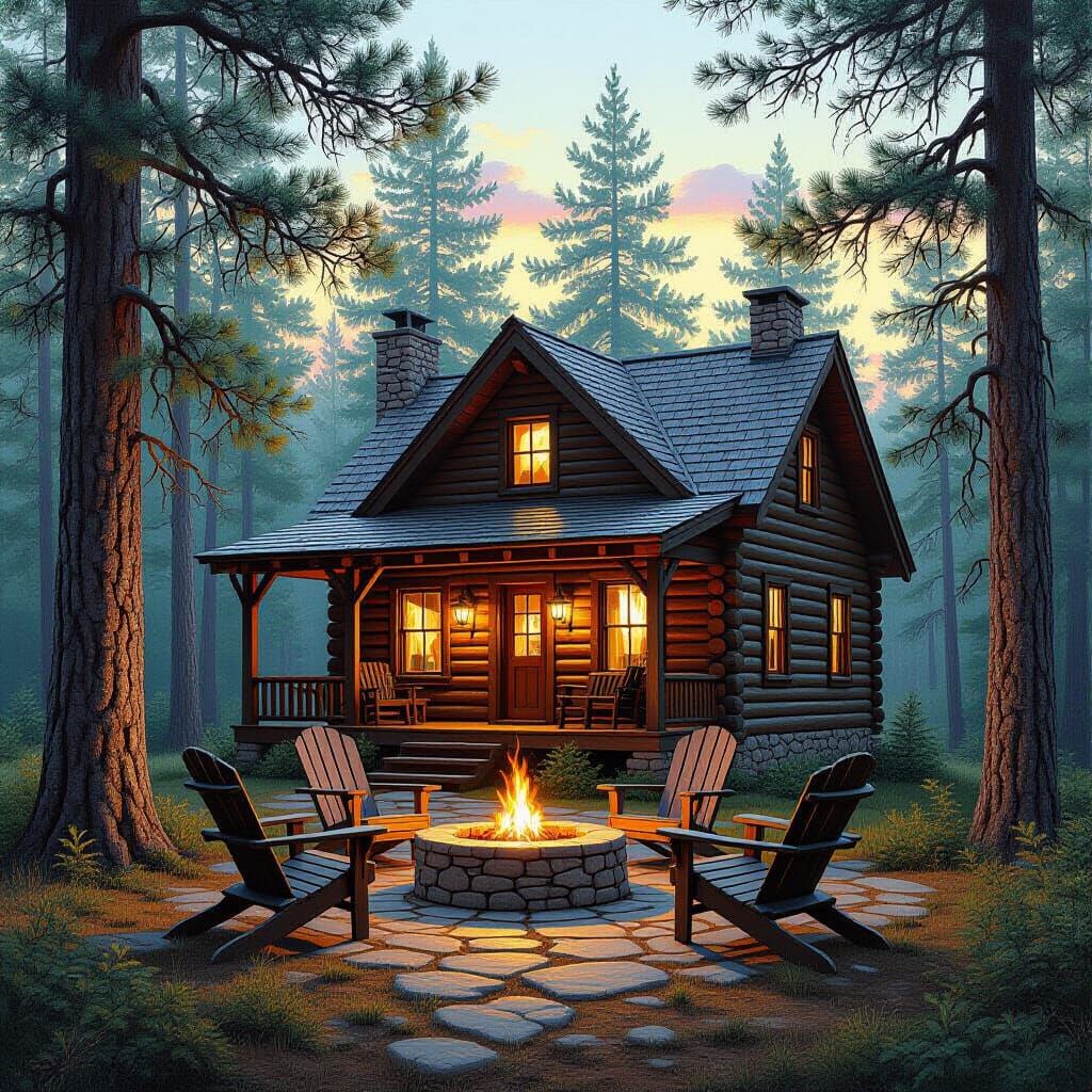 Rustic Log Cabin in Pine Grove at Dusk