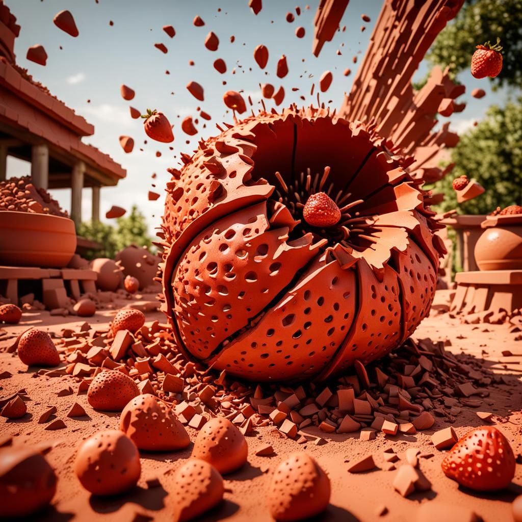 Exploding Terra Cotta Strawberry Sculpture in Hyperreal Deta...