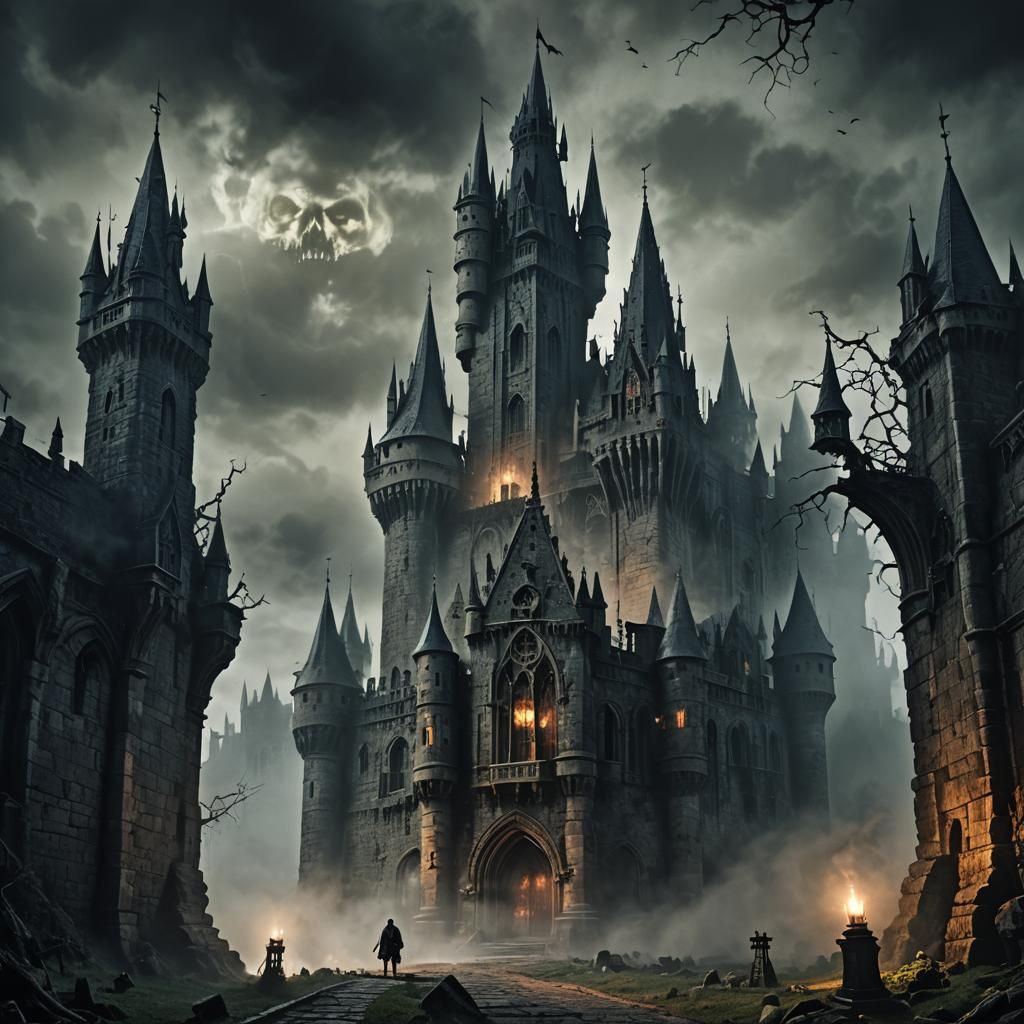 Gothic Horror Castle with Vampire in Mist