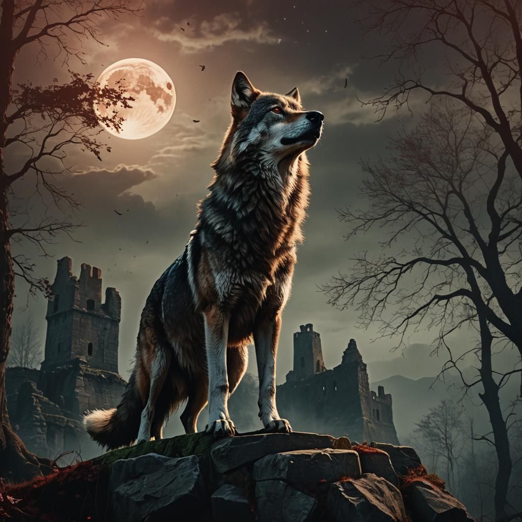Wolf Howling on Ancient Ruins in Dark Fantasy Art