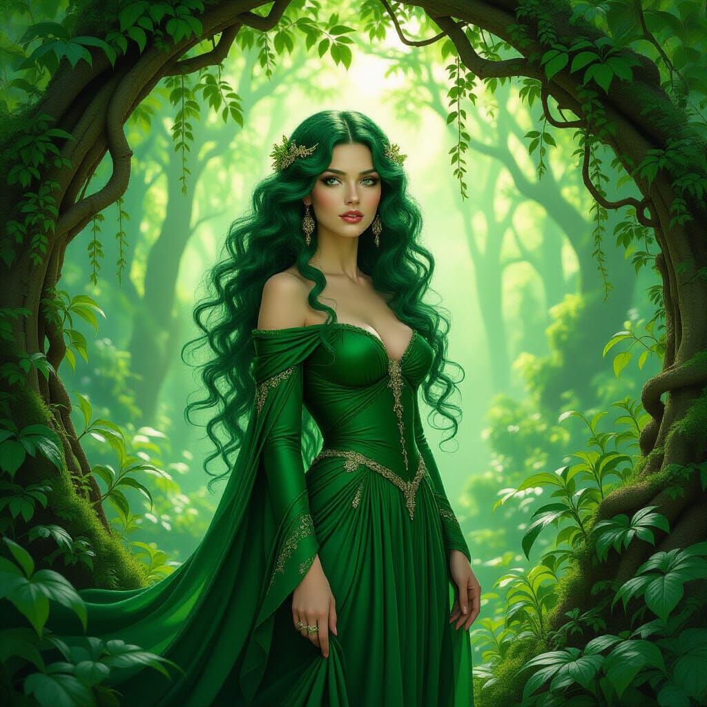 Emerald Woman in Verdant Forest, Pre-Raphaelite Art Nouveau ...