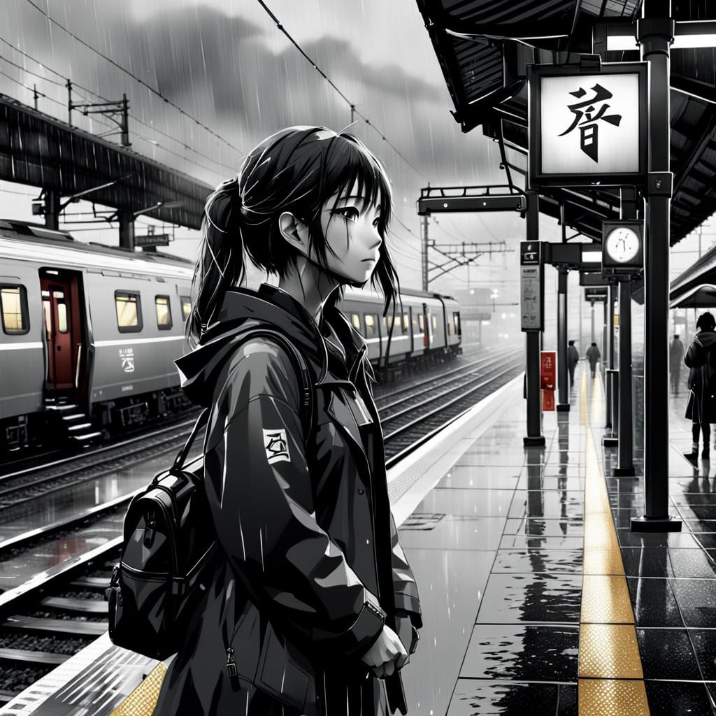 A Young Japanese Girl Waits for a Train on a Rainy Day in Bl...