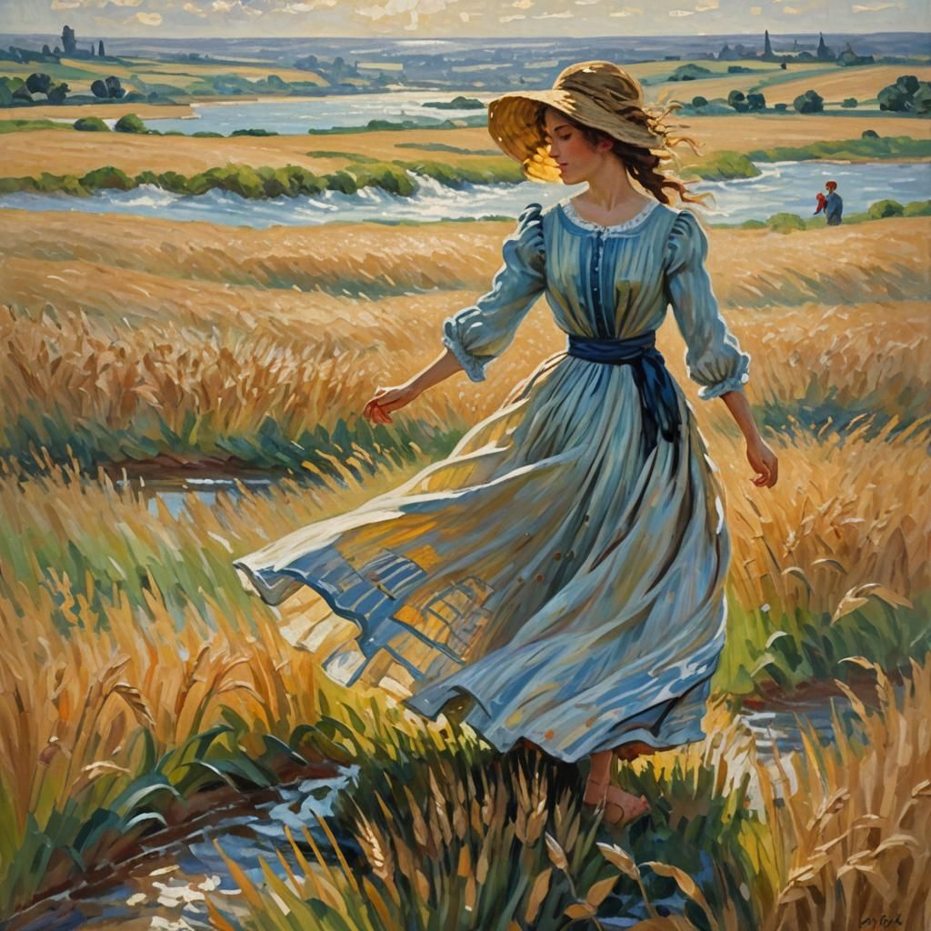 Impressionist Woman in Wheat Field Oil Painting