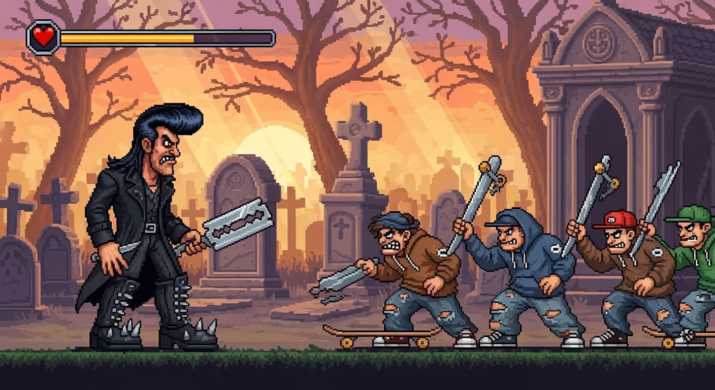 Pixel Art: Gothic Character vs. Skaters in Cemetery