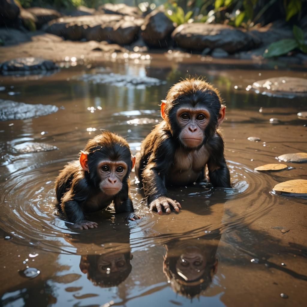 Cute Monkey Sees Gorilla Reflection: Matte Painting