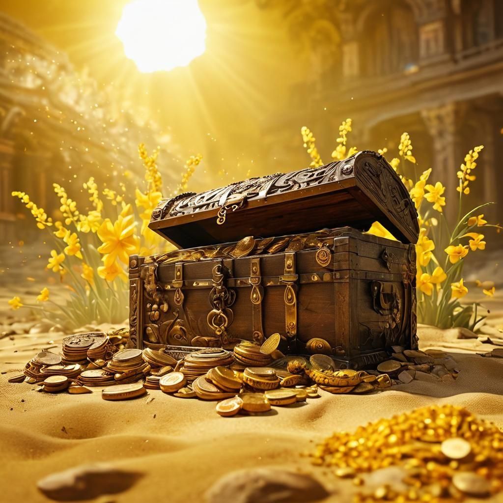 Hyper-Realistic Antique Chest Overflowing with Gold