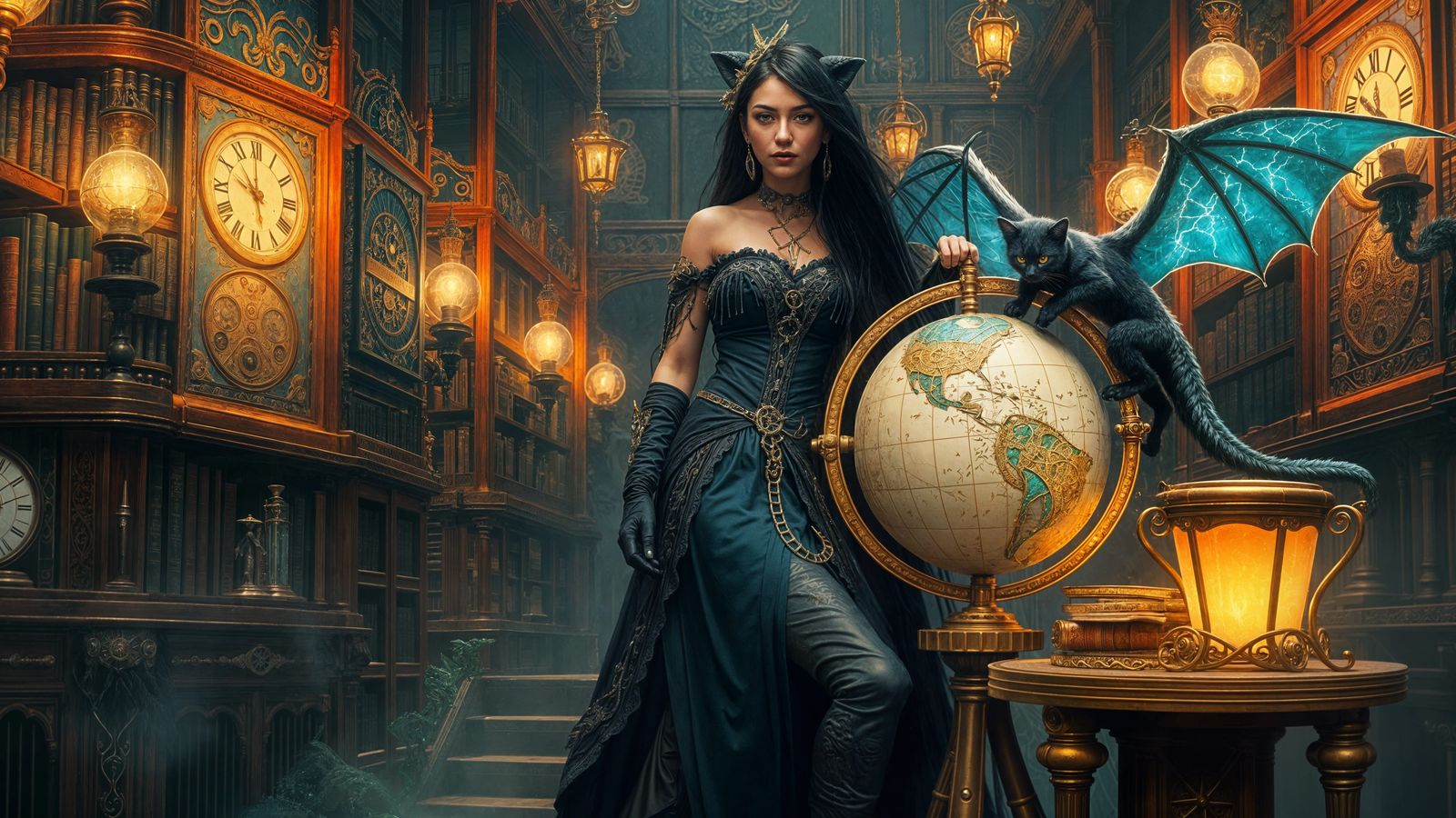Steampunk Sorceress in Clockwork Library