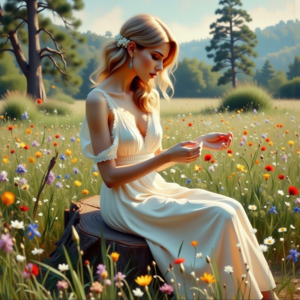Serene Woman Plucks Petals in a Vibrant Wildflower Field