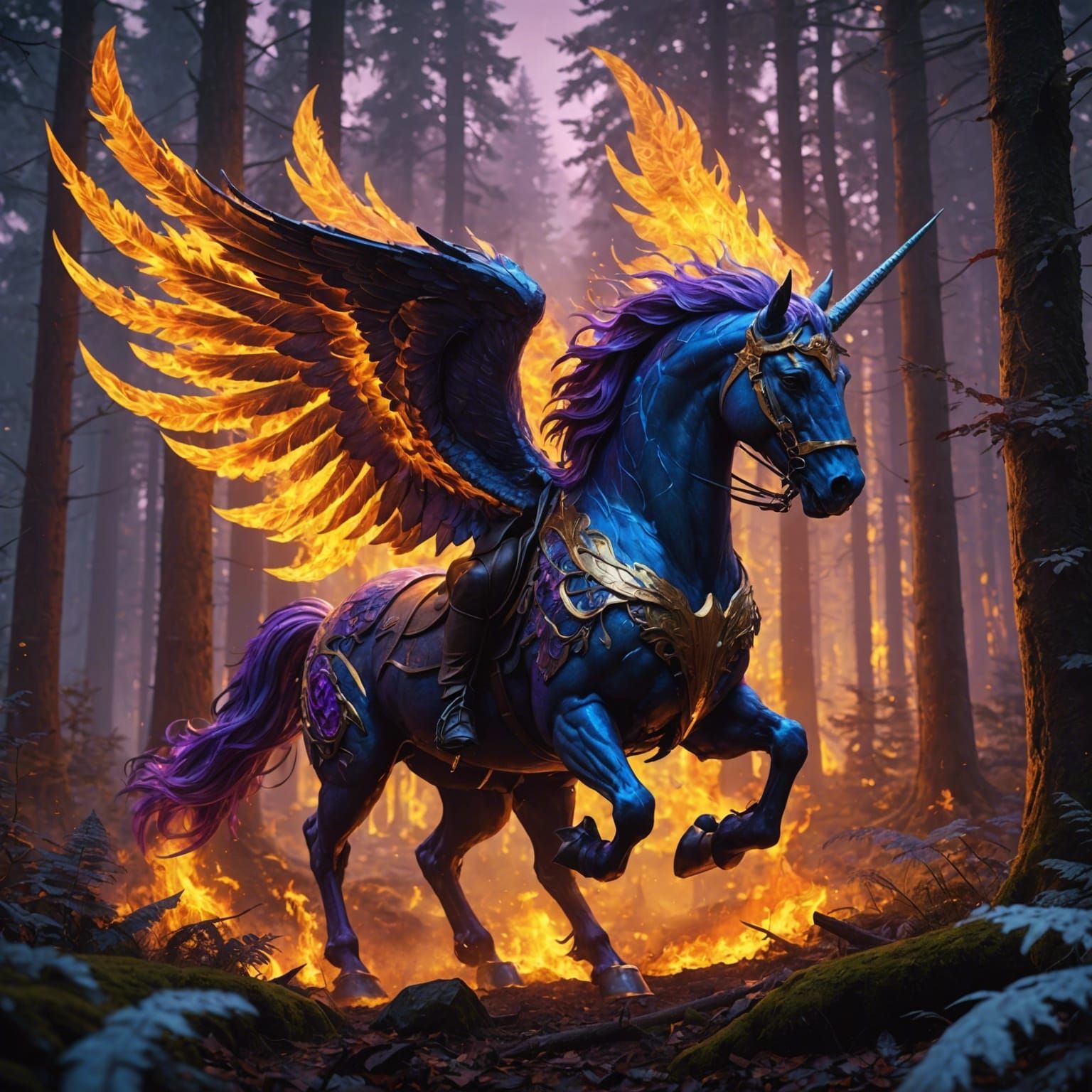 Ice Pegasus in Firey Forest, Dark Fantasy Art