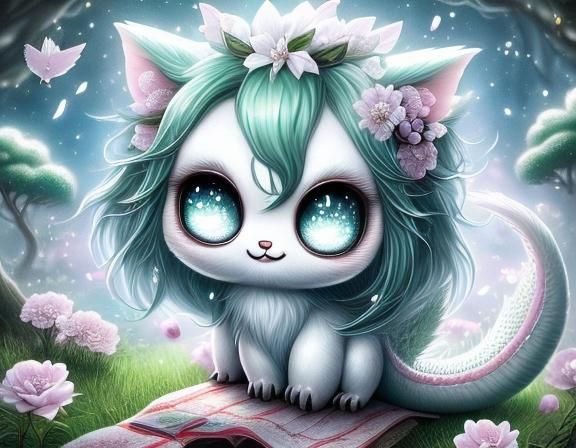 Kawaii White Dragon in Mystical Forest