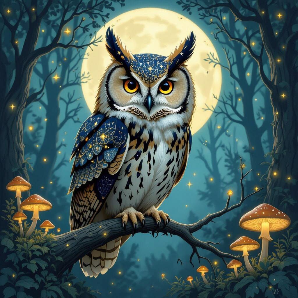 Constellation Owl in Moonlit Forest, Fantasy Illustration
