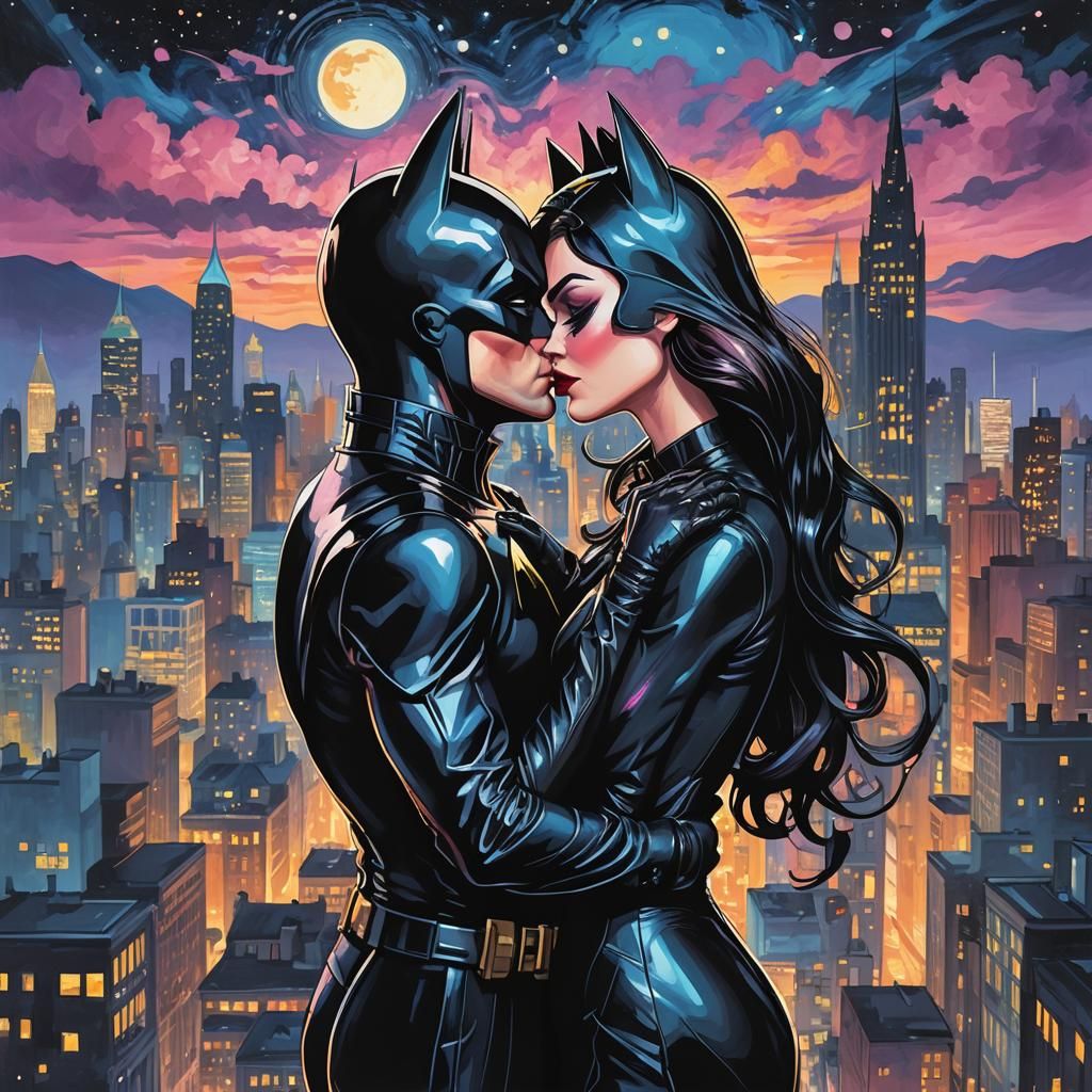 Batman and Catwoman Kiss in Candy Art Style