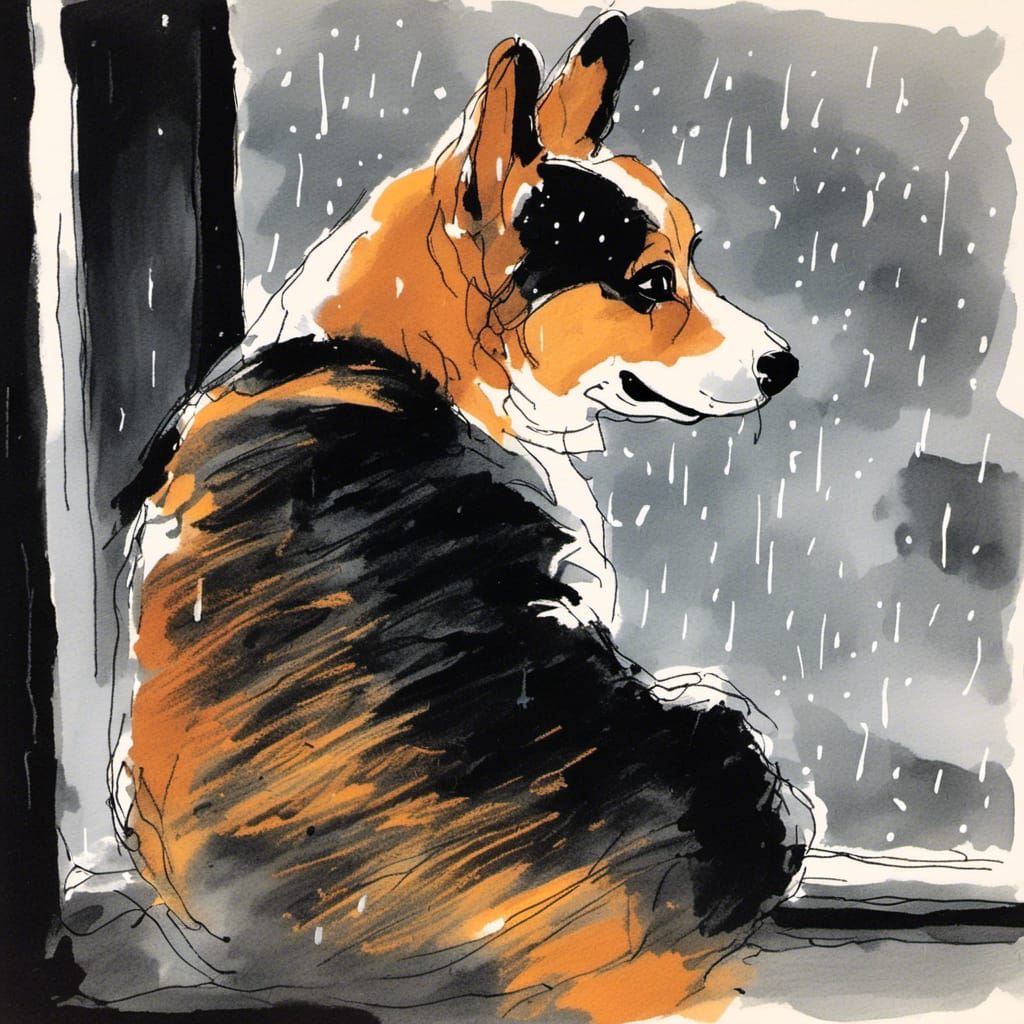 Colorful Corgi Gazing Out at Rainy Day