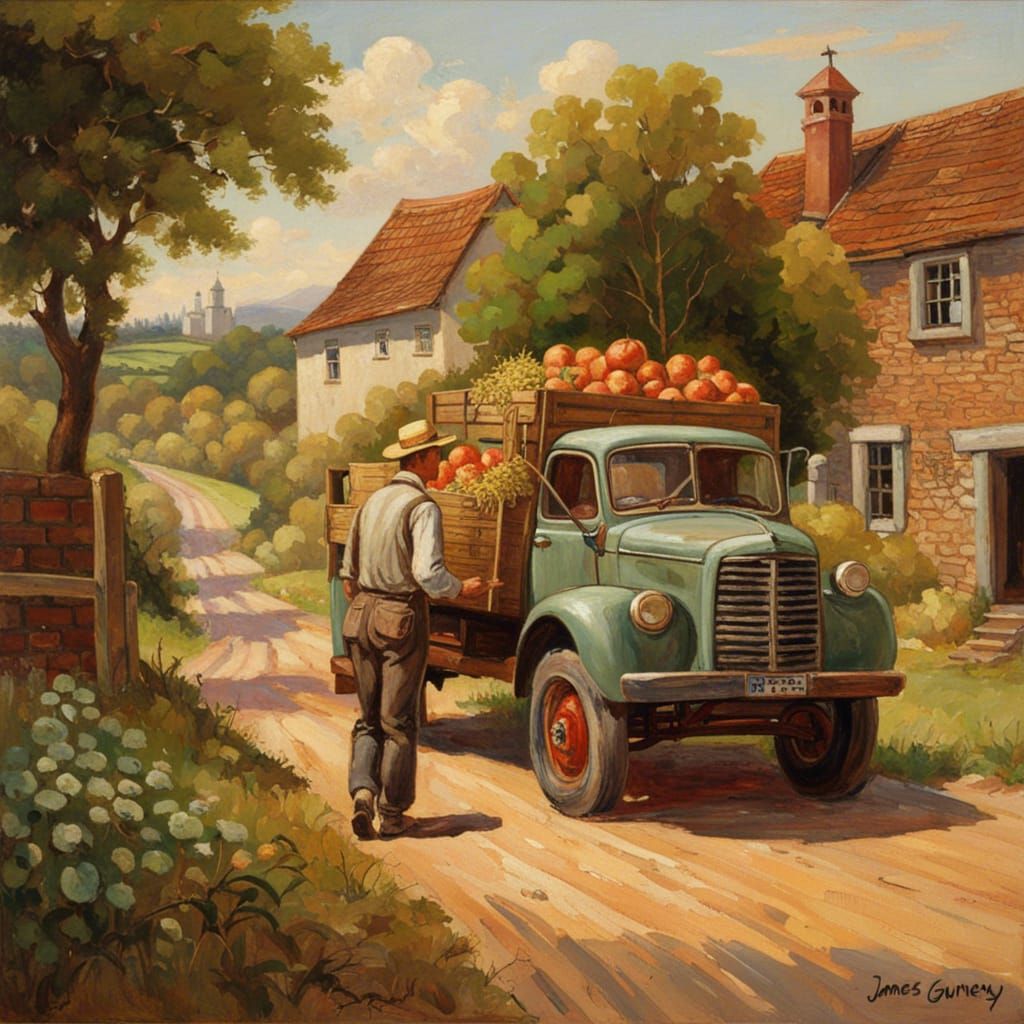 Picturesque Countryside Farm Scene in Oil Paint Style