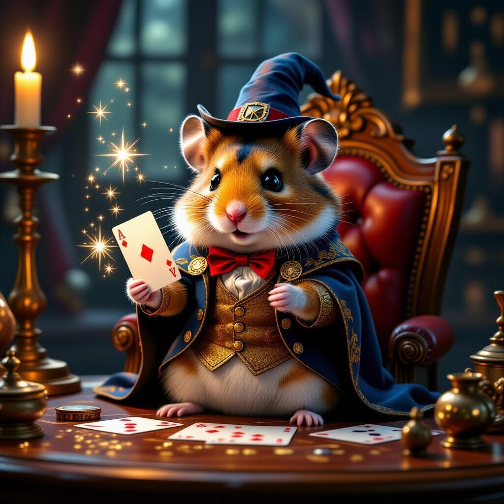 Magical Hamster Card Dealer in Cinematic Style