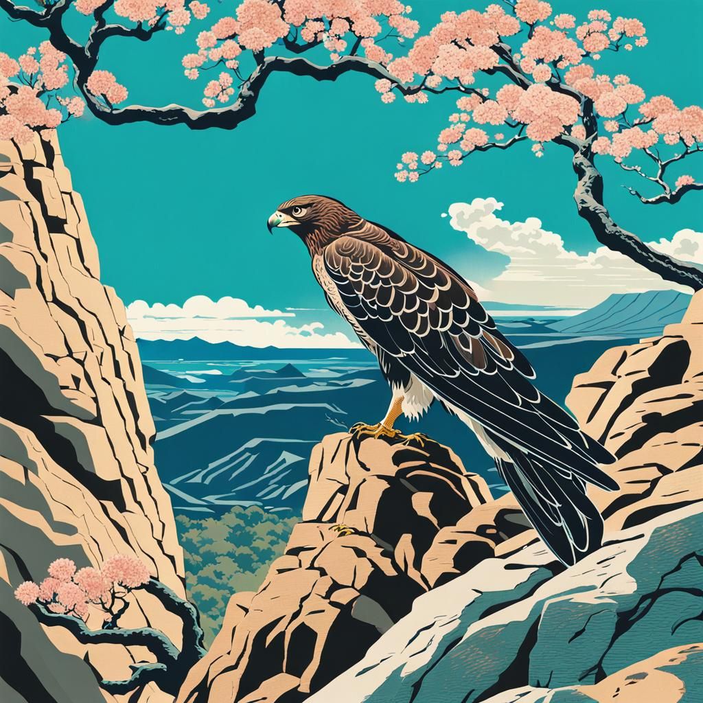 Hawk Over Rio Grande Gorge in Ukiyo-e Style