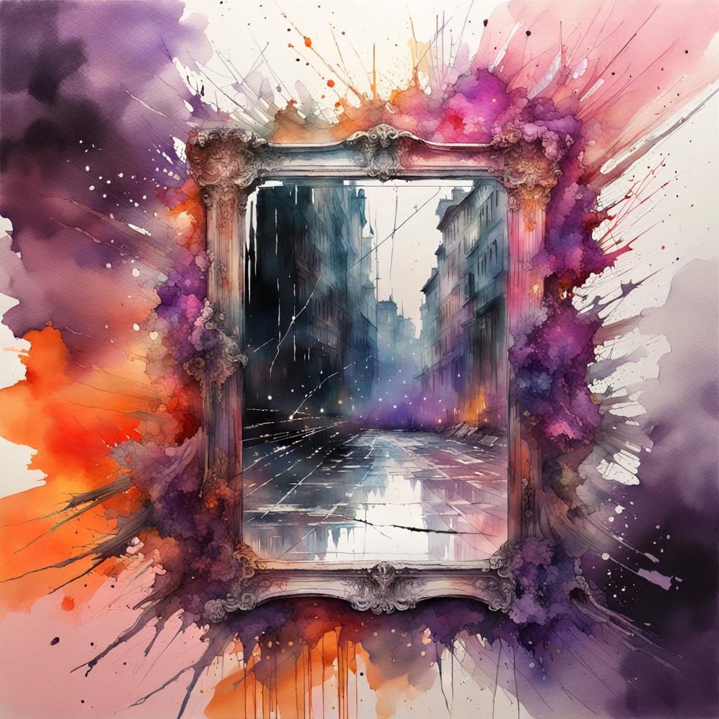 Cracked Mirror with Sparkling Light in Watercolor