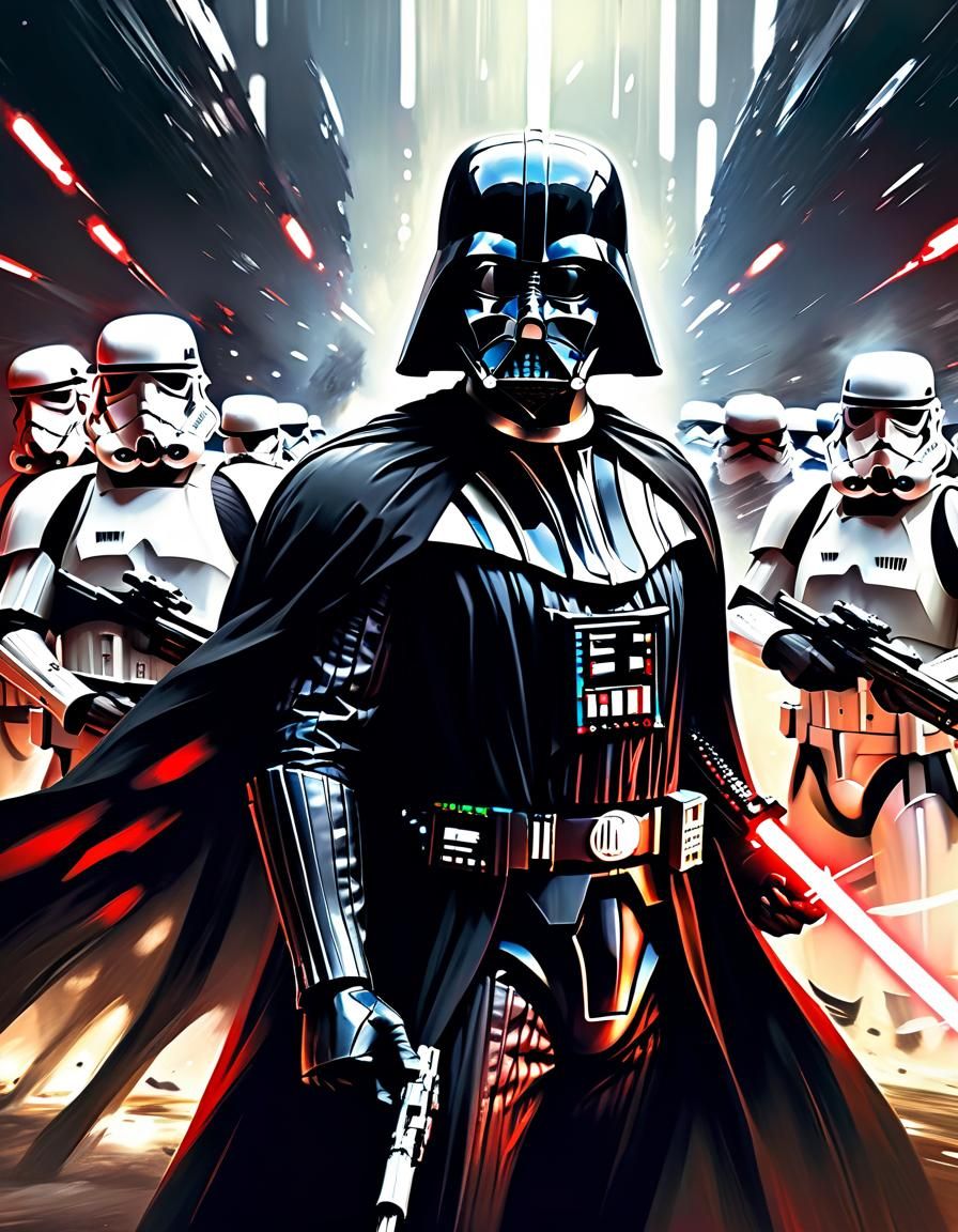 Darth Vader Portrait with Stormtroopers in Dramatic Style