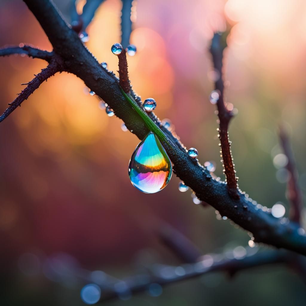 Prismatic Dewdrop on Branch, Macro Photography