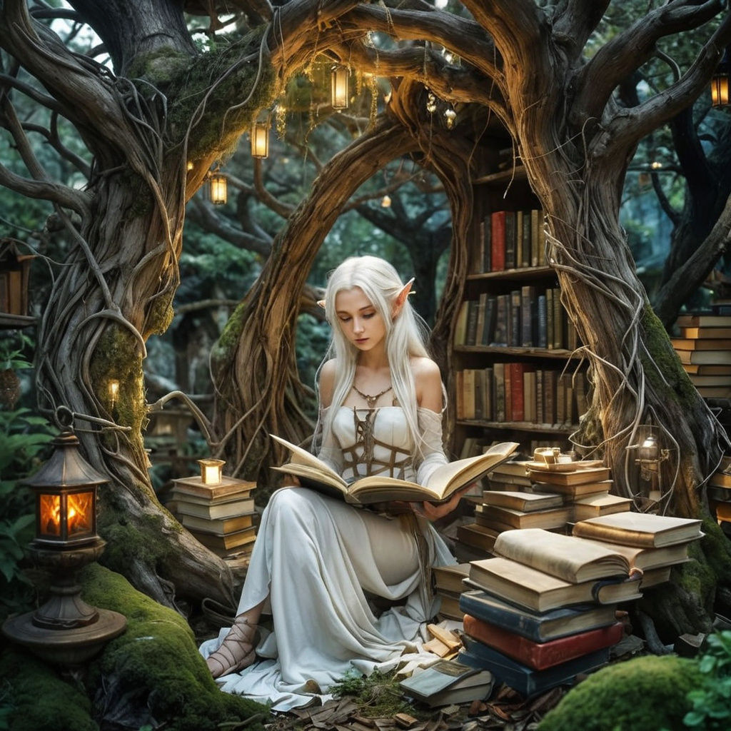 Enchanting Elf Woman in Whimsical Tree Library