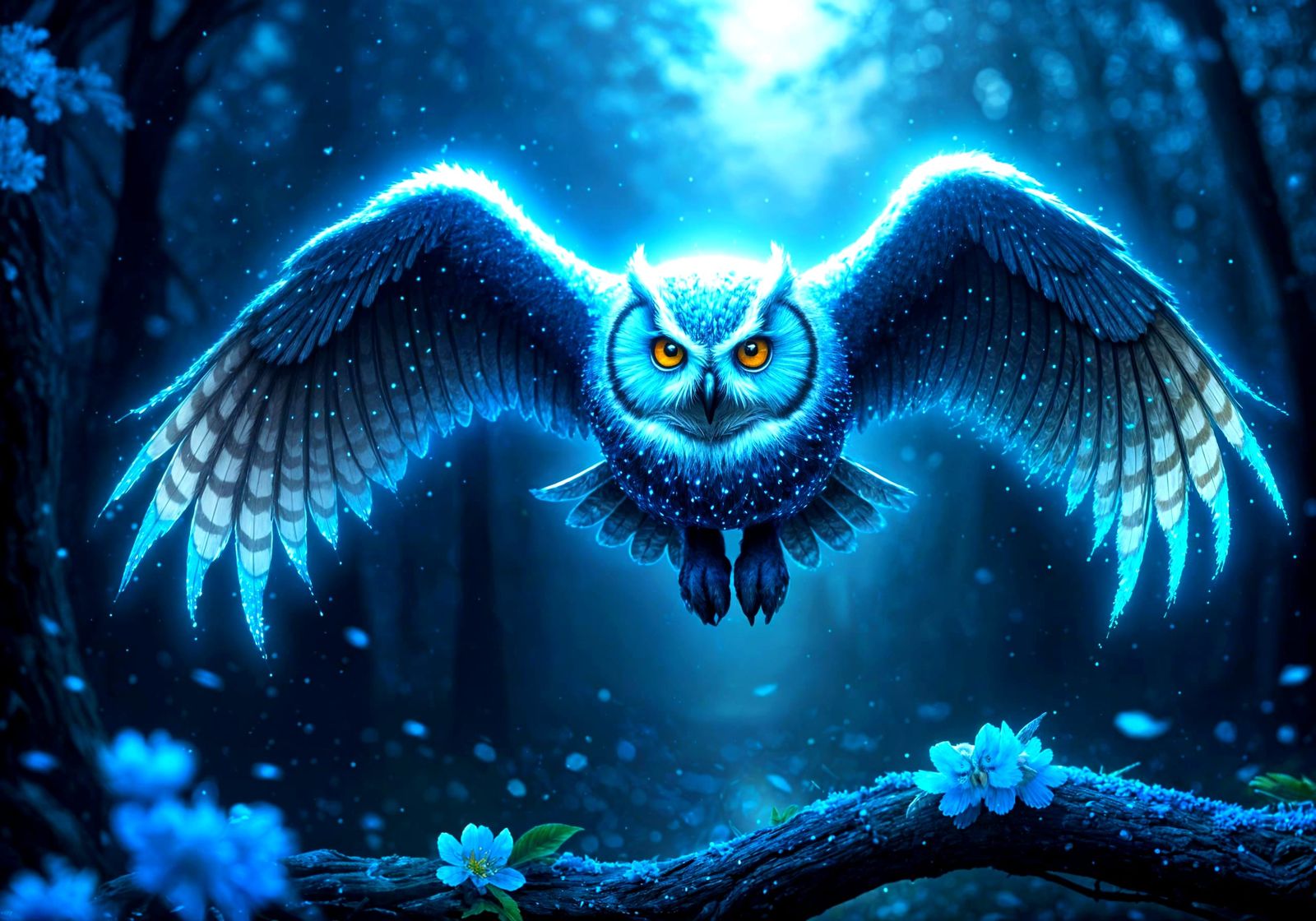 Majestic Glowing Blue Owl Flying in Glittering Forest
