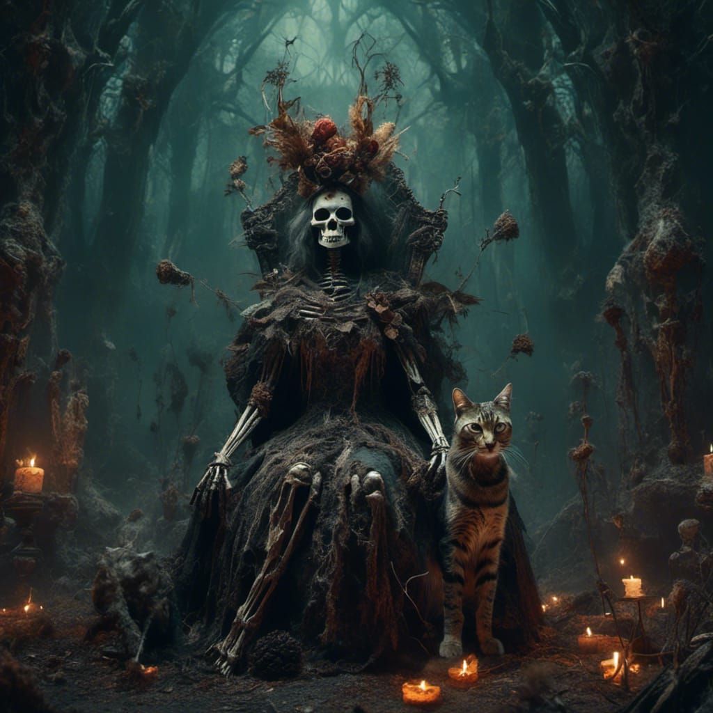 Queen Witch with Weed Crown and Skeleton Cat