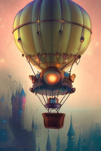Magical Hot Air Balloon Over City at Night