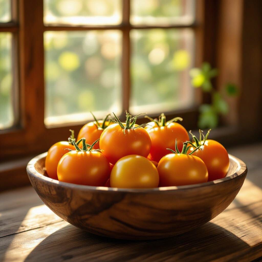 Photorealistic Golden Tomatoes in Rustic Bowl