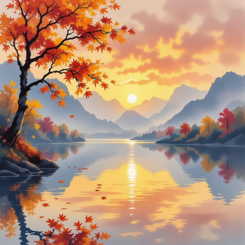 Yangtze River Autumn Vista in Ethereal Watercolor Style