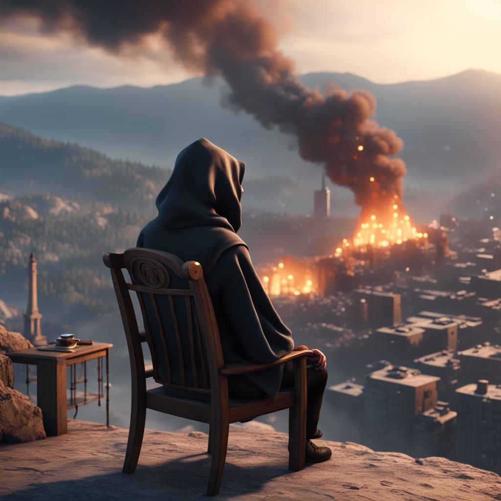 Man Watches Burning City: 3D Game Cinematic Scene