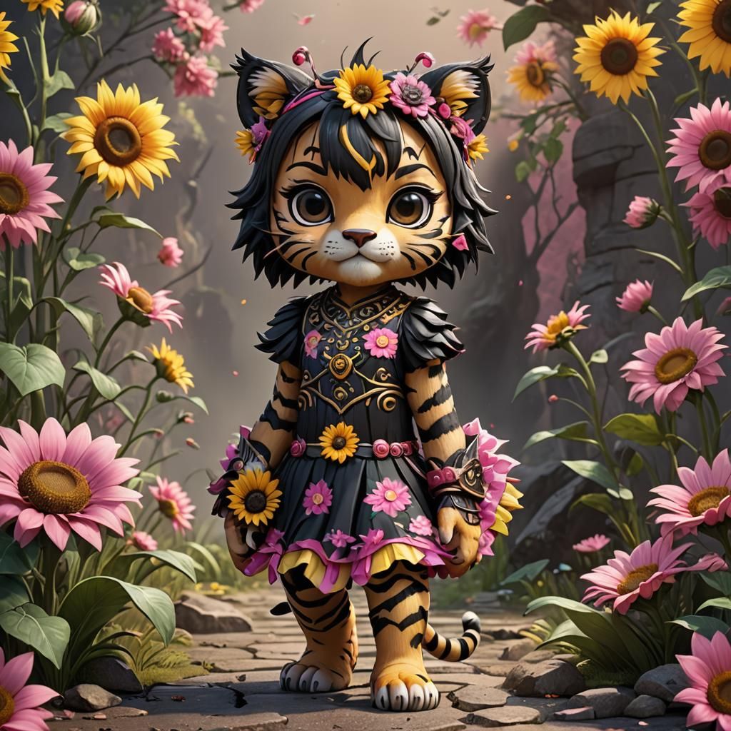 Black Chibi Tiger in Sunflower Dress: Detailed Art