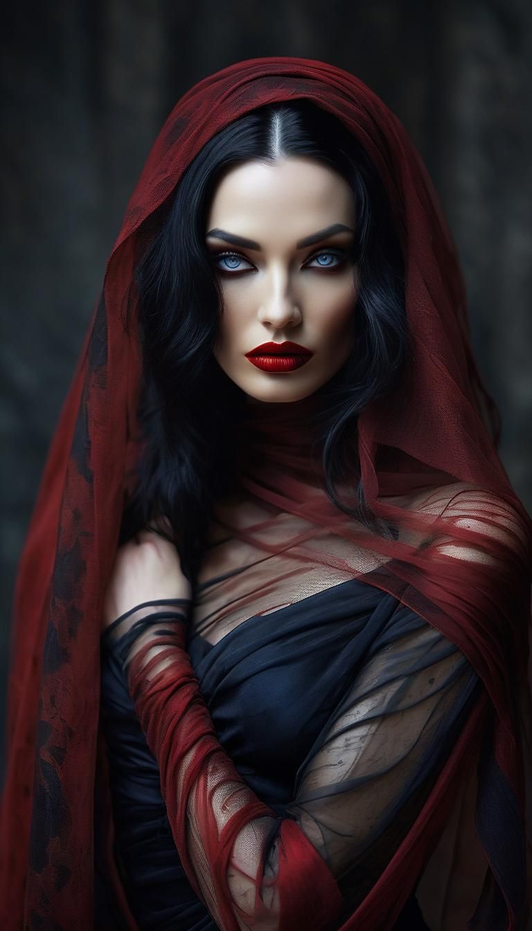 Raven-Haired Woman in Red Silk Veil