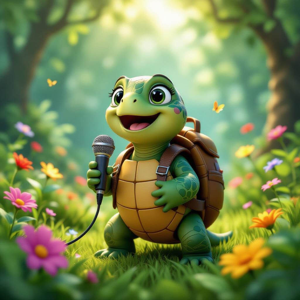 Joyful Singing Turtle in Pixar-Inspired Forest