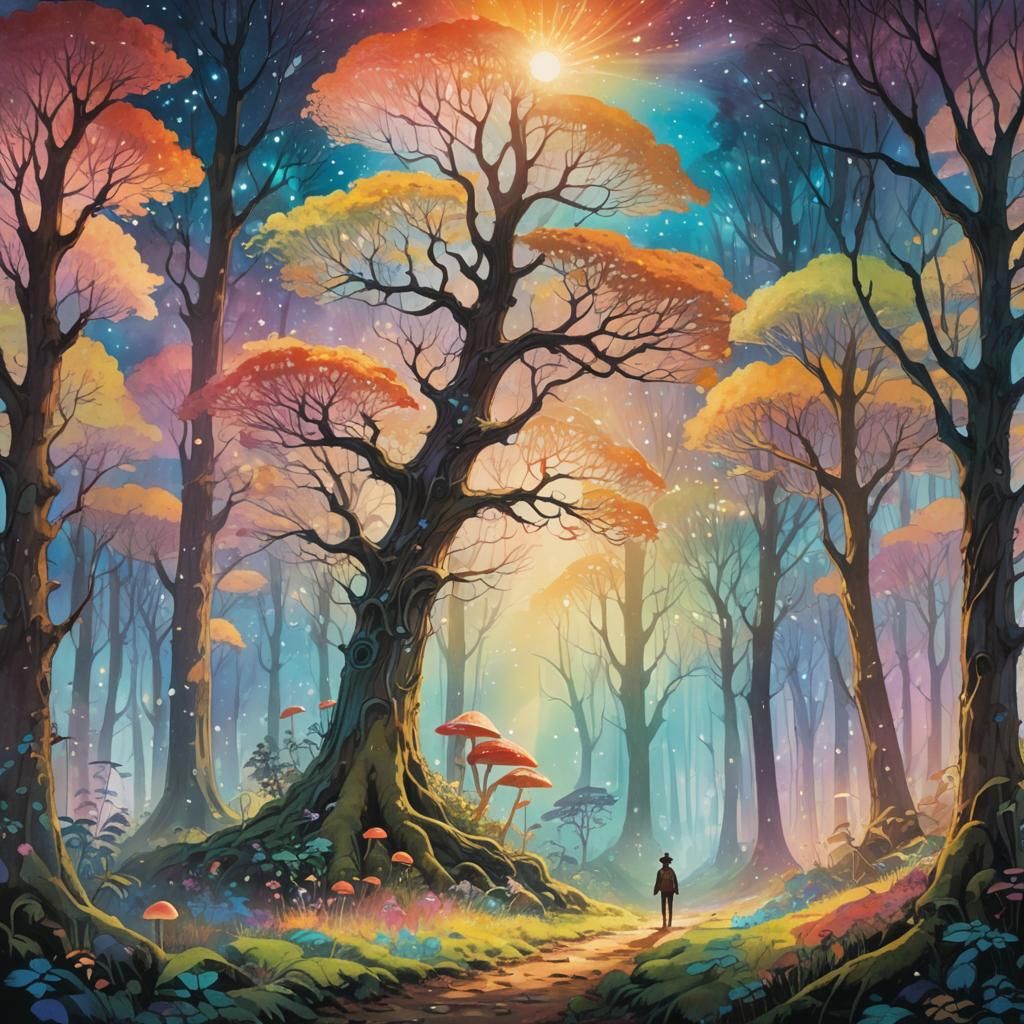 Glowing Tree in Mystical Forest, Watercolor Style