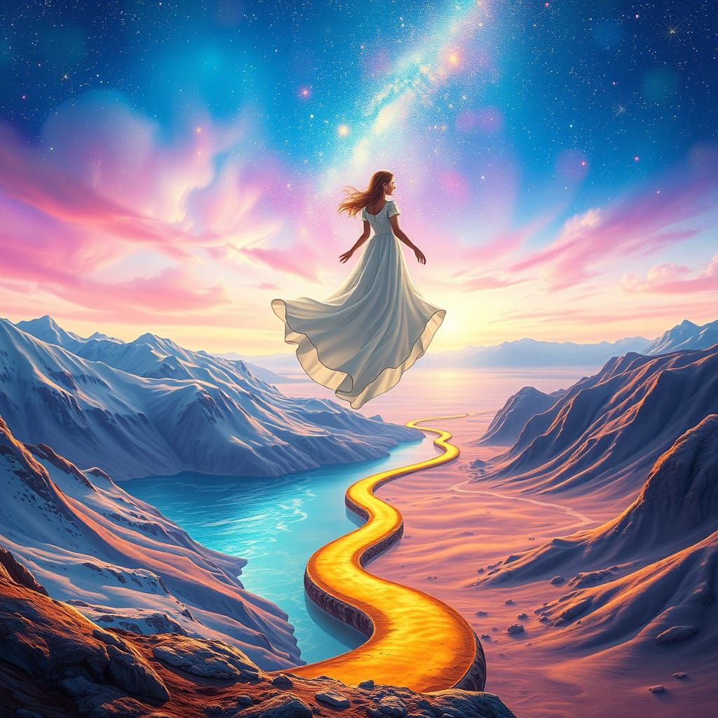 Girl Above Golden Path: Cosmic Holographic Illustration