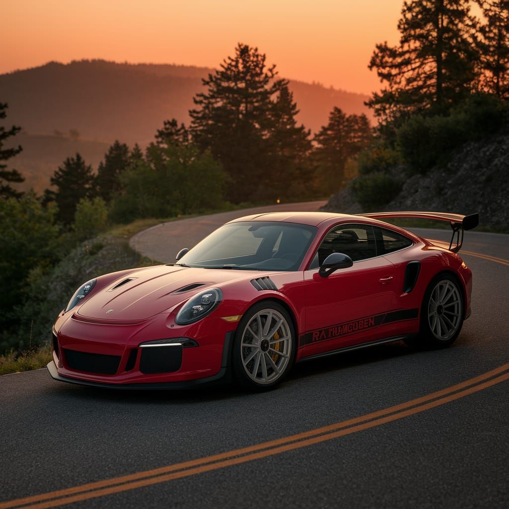 Sleek Red Porsche 911 GT3 RS at Sunset