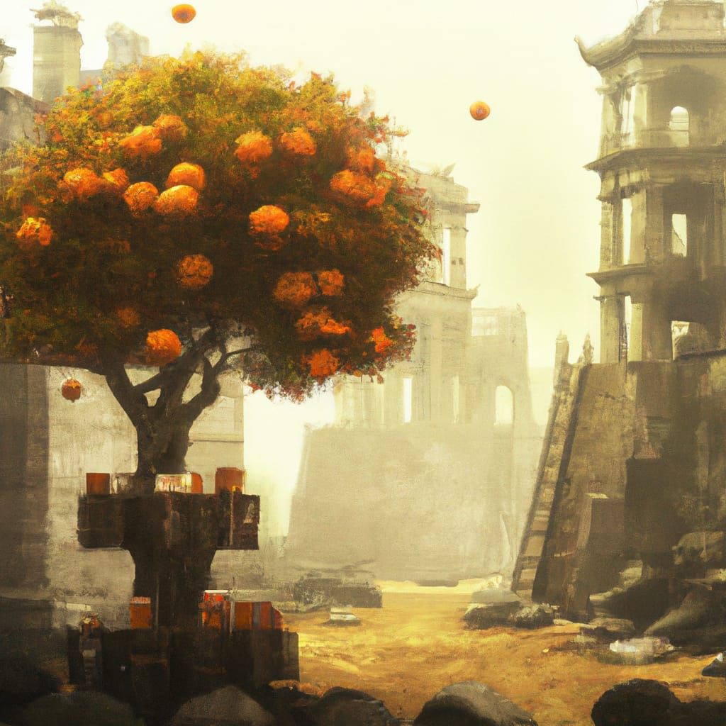Oranges Grow in Ruined Gothic City, Ethereal Fantasy