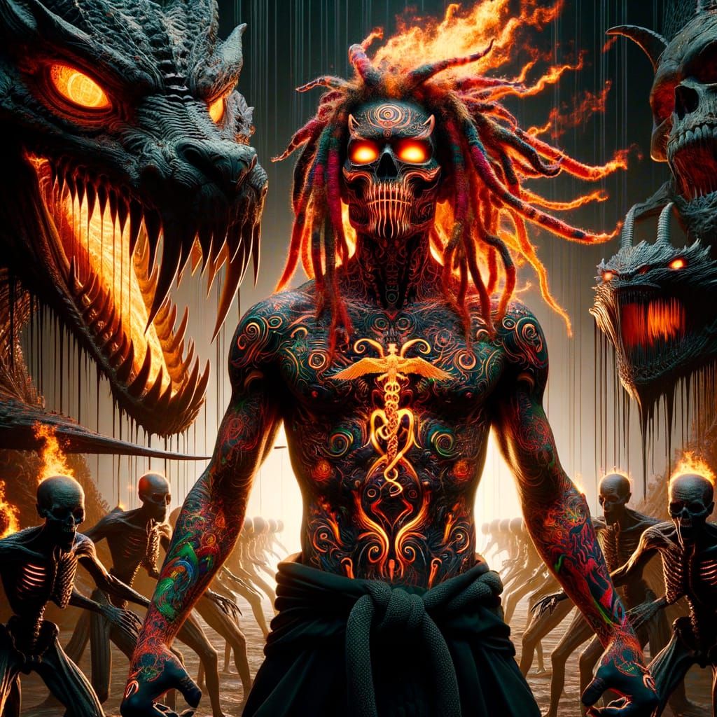 Demonic Anubis Battles Dragon Skeleton in Eerie Supernatural...