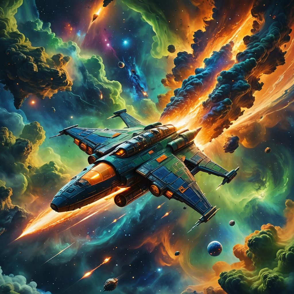 Glowing Spaceship Navigates Nebula: Fantastical Oil Painting